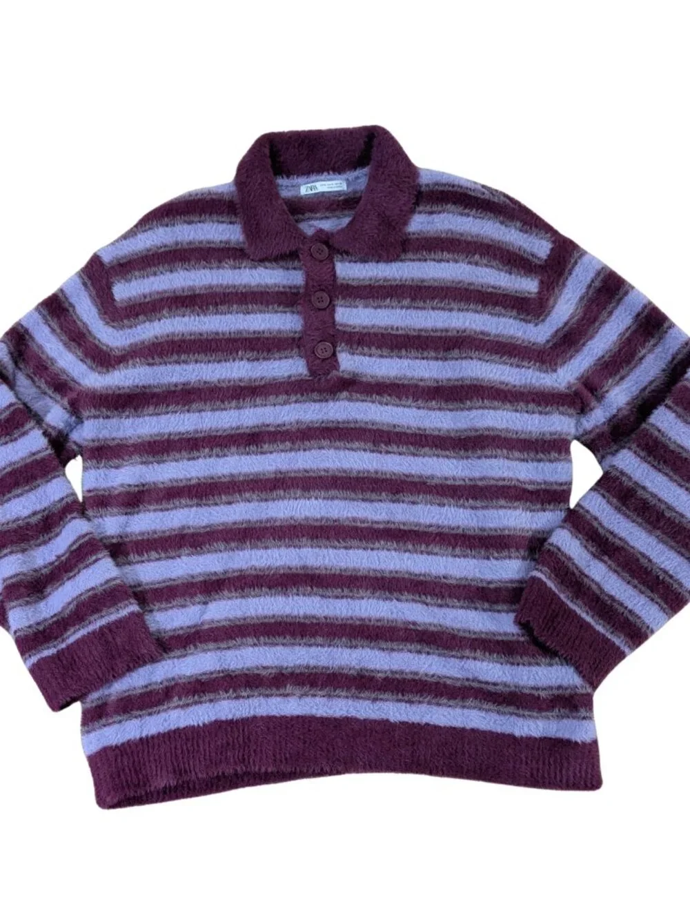 ZARA Mens Purple Striped Fuzzy Knit Polo Sweater Medium